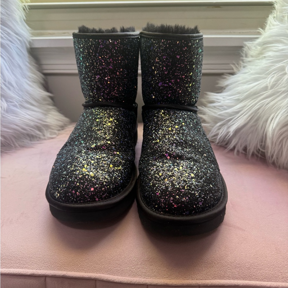Black Glitter Short Ugg Boots with Multicolor Sparkle